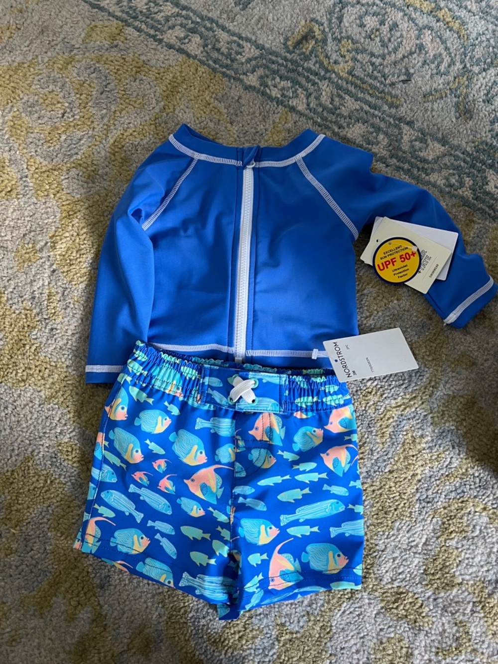 Tucker + Tate Blue UPF 50+ Rash Guard Top with Blue Multi Fish Swim Shorts